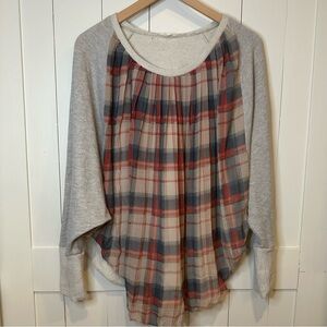 Mystree Plaid Mixed Media Knit Top Gray Sleeves Lightweight Boho Large
